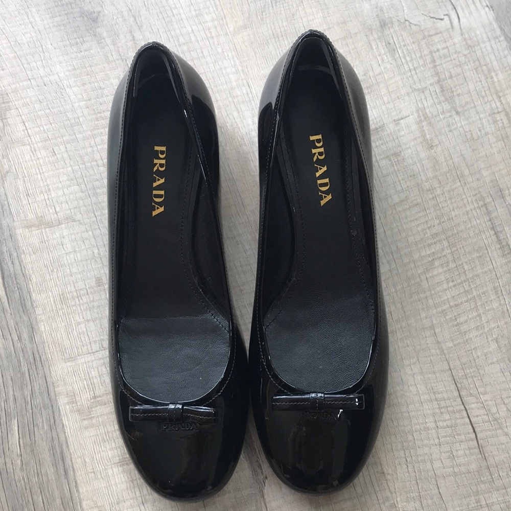 Prada black small heels , small bow on top